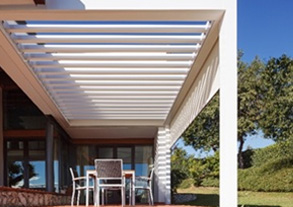 Retractable And Adjustable Motorized Louvered Pergola® Structures For Residential Outdoor Spaces