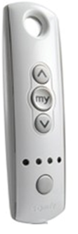 silver remote with up and down arrow and a button that says my