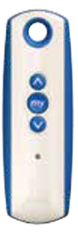 blue and white remote with one channel and up and down arrows