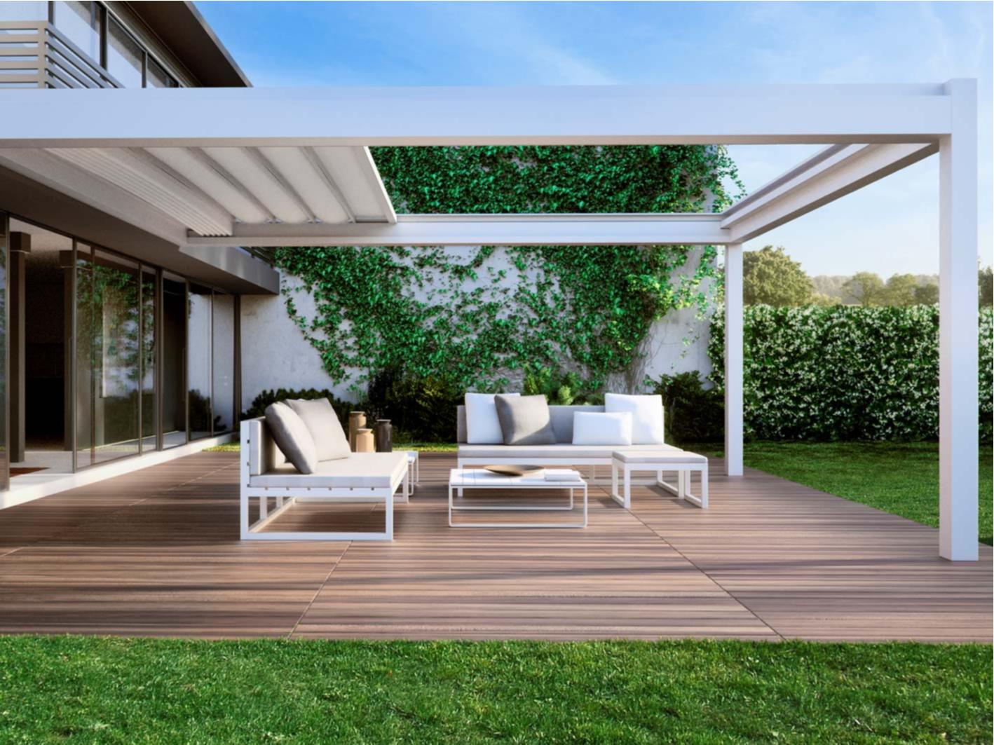 luxurious patio with white retractable awning over head